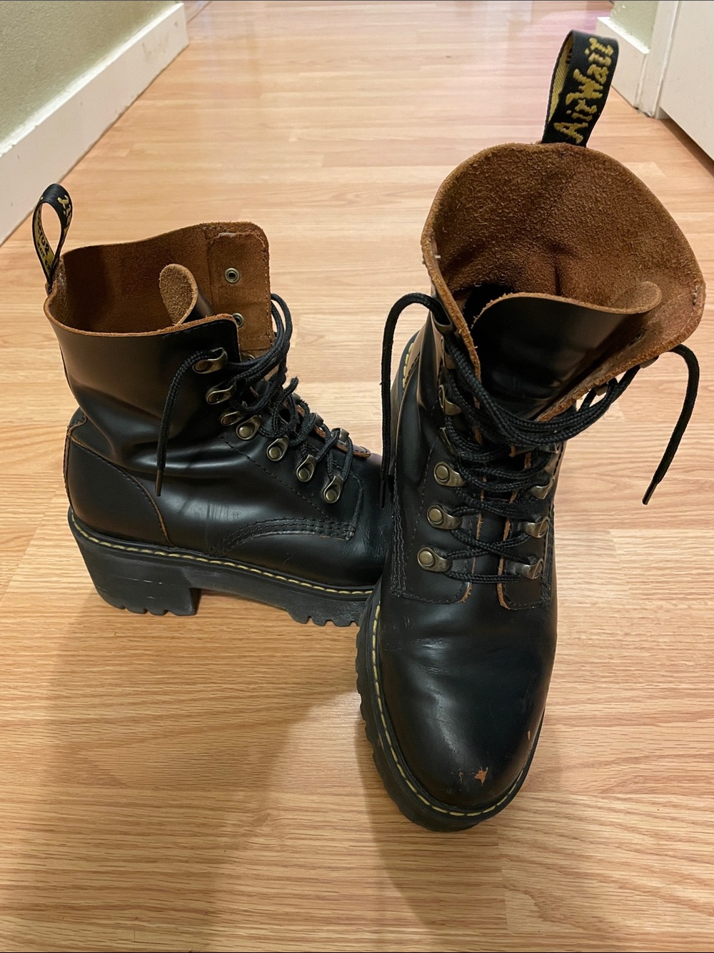 Dr. Martens Black Leather Lace-Up Lug Boots with Yellow Stitching